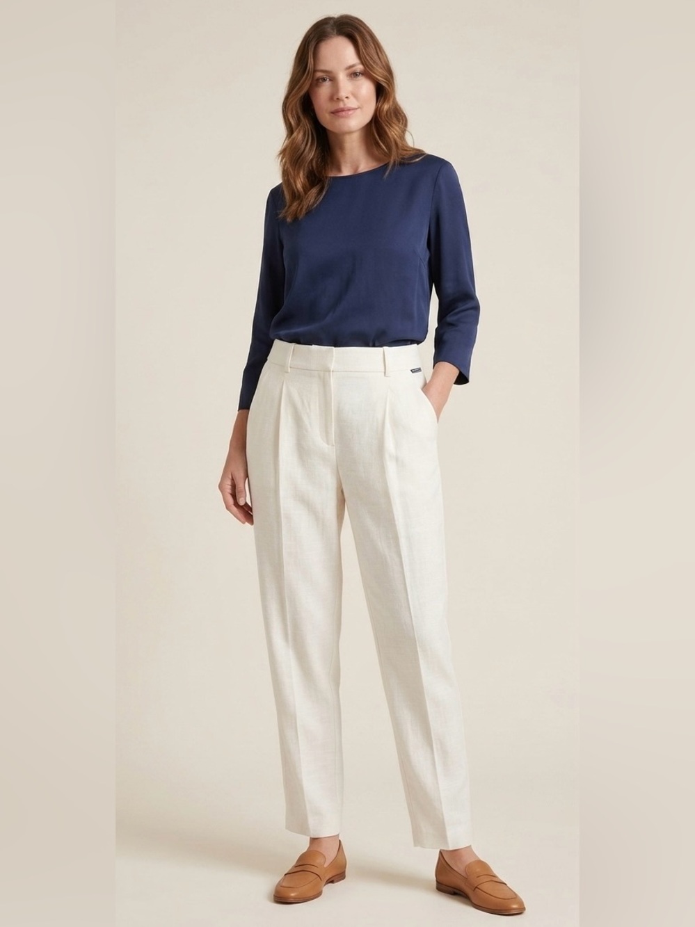 Veronica Beard Off-White Linen Blend Pleated Front Trousers Cream Pants